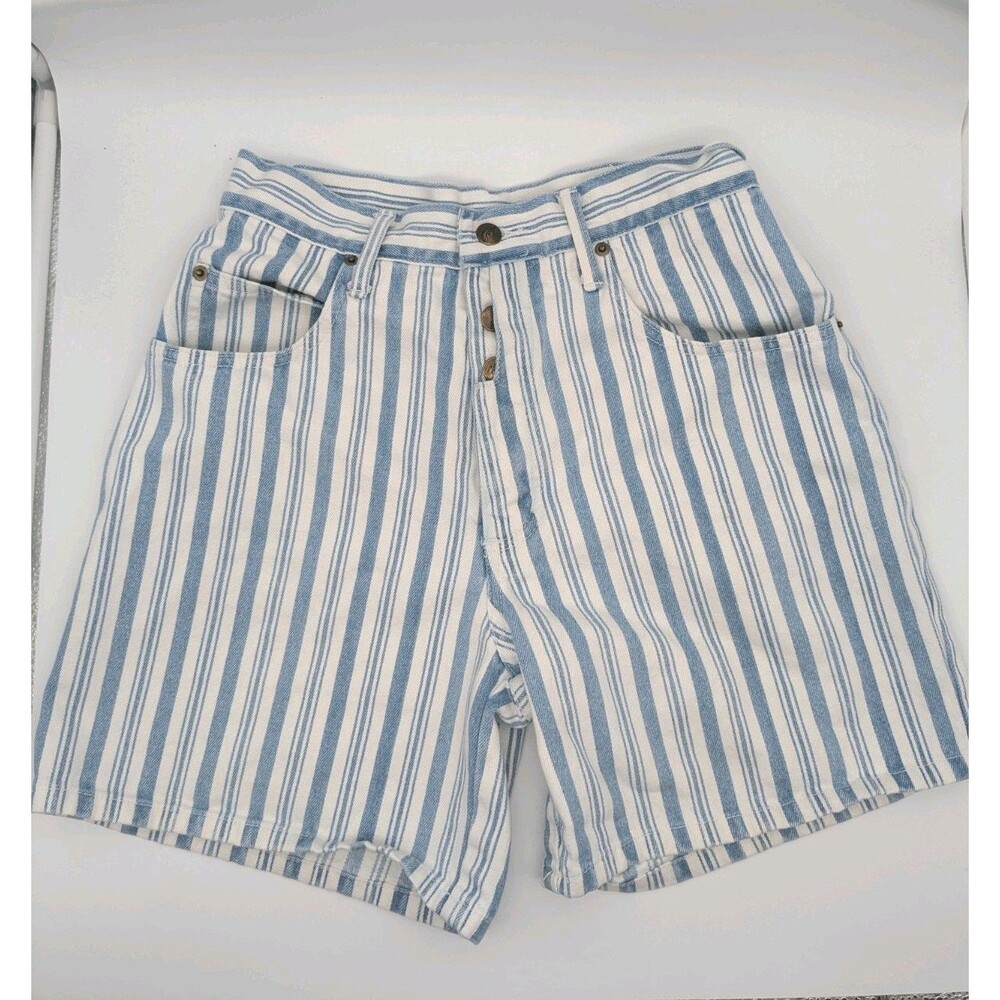 Cute! Vtg 90s Striped Cotton High Rise Shorts Womens Size 9 Blue White Coastal